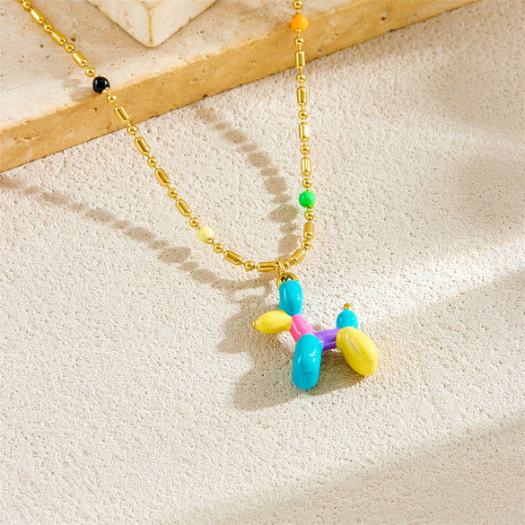 Stainless Steel Cartoon Dog Pendant Necklace With Electroplating And Round Bead Chain