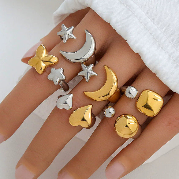 Stainless Steel Casting Open Ring Set With Leaf U Shaped And Geometric Patterns Real Gold Plated For Women