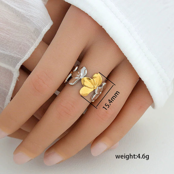 Stainless Steel Casting Open Ring Set With Leaf U Shaped And Geometric Patterns Real Gold Plated For Women