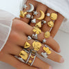 Stainless Steel Casting Open Ring Set With Leaf U Shaped And Geometric Patterns Real Gold Plated For Women