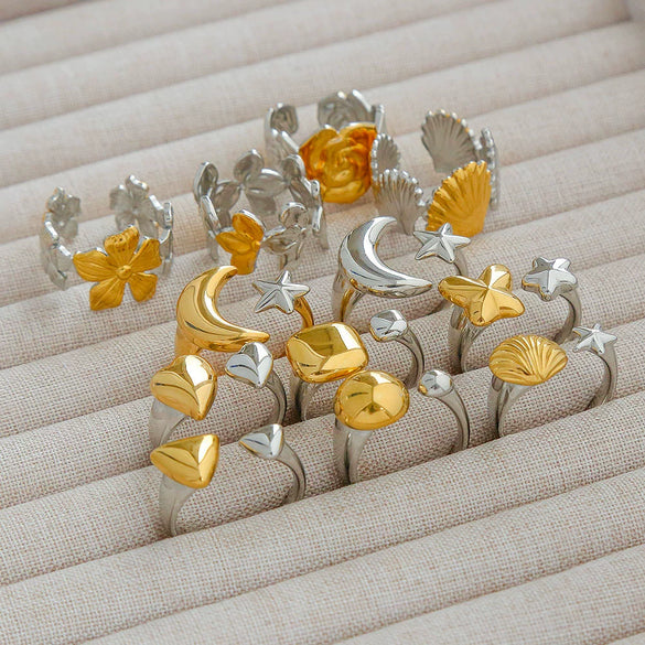 Stainless Steel Casting Open Ring Set With Leaf U Shaped And Geometric Patterns Real Gold Plated For Women