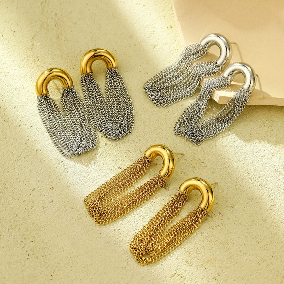 Stainless Steel Casual Curved Chain Long Tassel C Shaped Electroplated Women's Earrings