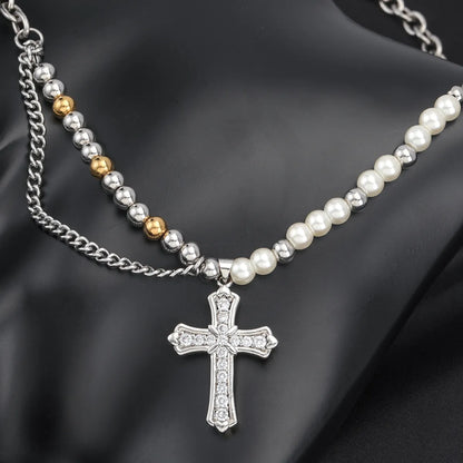 Stainless Steel Casual Hip-Hop Cross Beaded Pearl Inlay Zircon Pendant Necklace