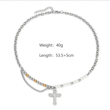 Stainless Steel Casual Hip-Hop Cross Beaded Pearl Inlay Zircon Pendant Necklace