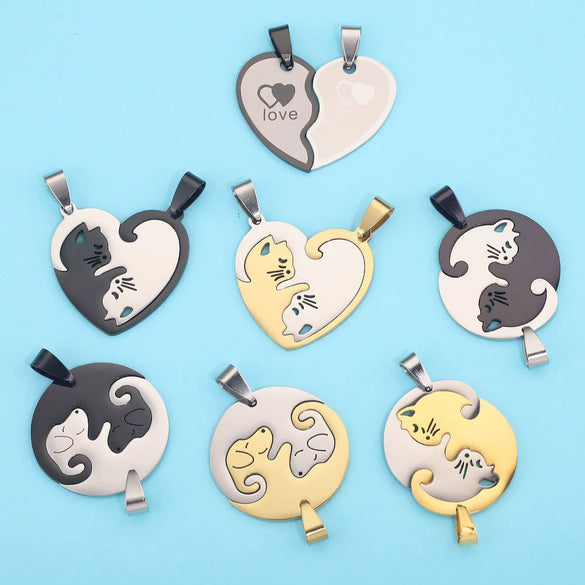 Stainless Steel Cat Puppy Cartoon Pendant Necklace 18K Gold Plated