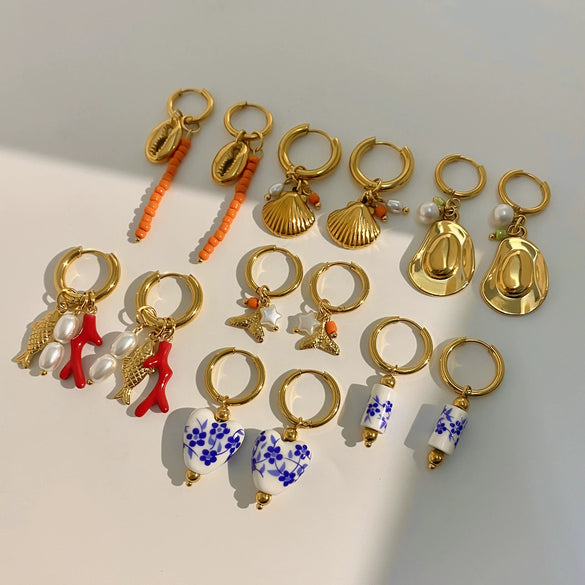 Stainless Steel Ceramic Pearl Earrings With Animal Zodiac Pattern Electroplated For Women
