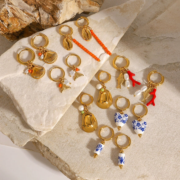 Stainless Steel Ceramic Pearl Earrings With Animal Zodiac Pattern Electroplated For Women