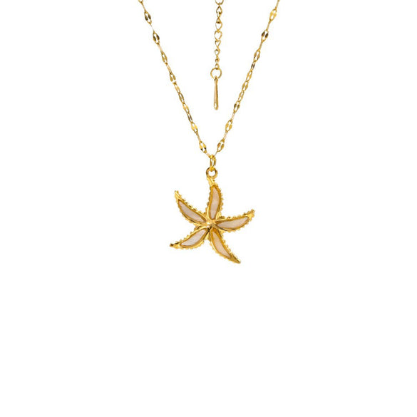Stainless Steel Chain Shell Starfish Leaf Pendant Necklace Unisex Set With Diamonds