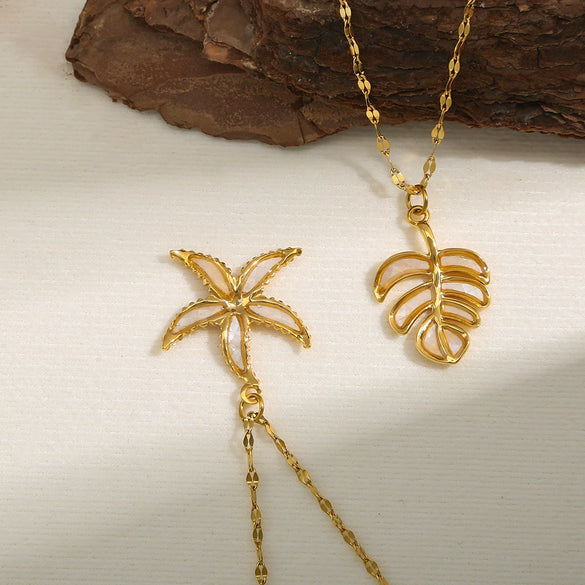 Stainless Steel Chain Shell Starfish Leaf Pendant Necklace Unisex Set With Diamonds