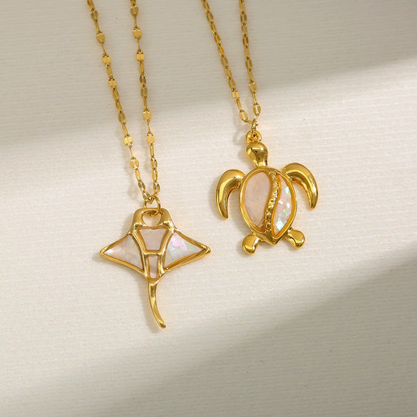 Stainless Steel Chain Shell Starfish Leaf Pendant Necklace Unisex Set With Diamonds