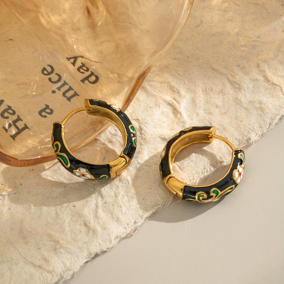 Stainless Steel Chinese Style Oil Dripping Enamel Geometric Earrings With Electroplating Design