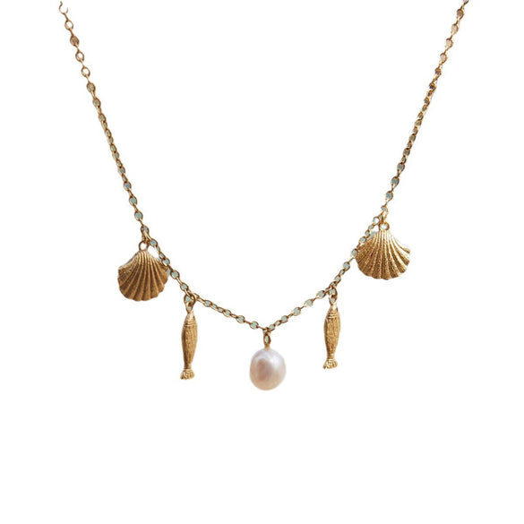 Stainless Steel Clavicle Chain Necklace With Shell Pearl Fish Shape Electroplated 18K Gold