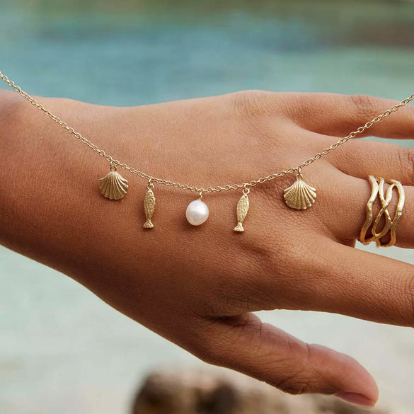 Stainless Steel Clavicle Chain Necklace With Shell Pearl Fish Shape Electroplated 18K Gold