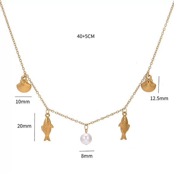 Stainless Steel Clavicle Chain Necklace With Shell Pearl Fish Shape Electroplated 18K Gold