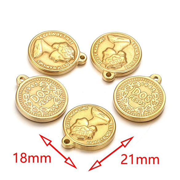 Stainless Steel Coin Round Pendant Necklace With Crown Pattern And Electroplating Treatment For Ladies