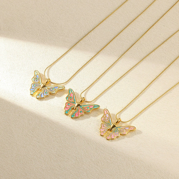 Stainless Steel Colorful Dripping Butterfly Pendant Necklace Dripping Oil Rococo Style For Women
