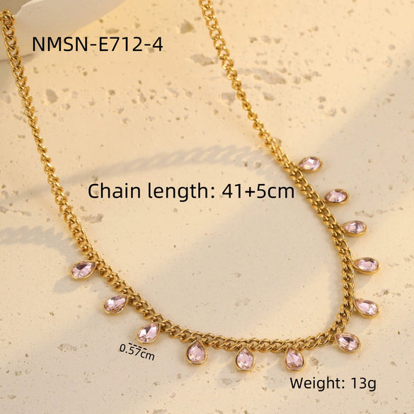 Stainless Steel Colorful Rhinestone Tassel Necklace For Women Electroplated Fashion Jewelry