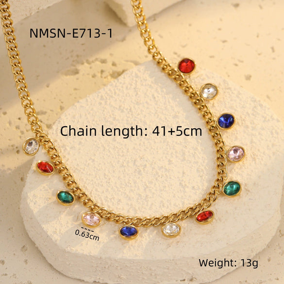 Stainless Steel Colorful Rhinestone Tassel Necklace For Women Electroplated Fashion Jewelry