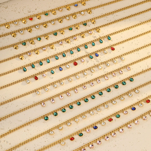 Stainless Steel Colorful Rhinestone Tassel Necklace For Women Electroplated Fashion Jewelry