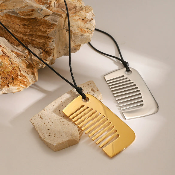 Stainless Steel Comb Pendant Leather Rope Necklace Electroplating Design Women's Jewelry