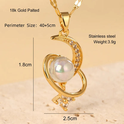 Stainless Steel Copper 18K Gold Plated Cute Sweet Moon Artificial Pearls Zircon Pendant Necklace