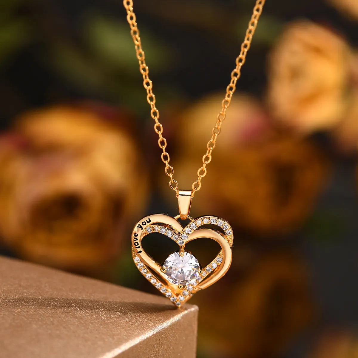 Stainless Steel Copper 18K Gold Plated Elegant Shiny Double Heart Inlay Zircon Pendant Necklace