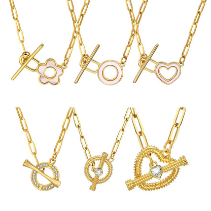 Stainless Steel Copper 18K Gold Plated IG Style Round Heart Shape Flower Toggle Inlay Shell Zircon Necklace