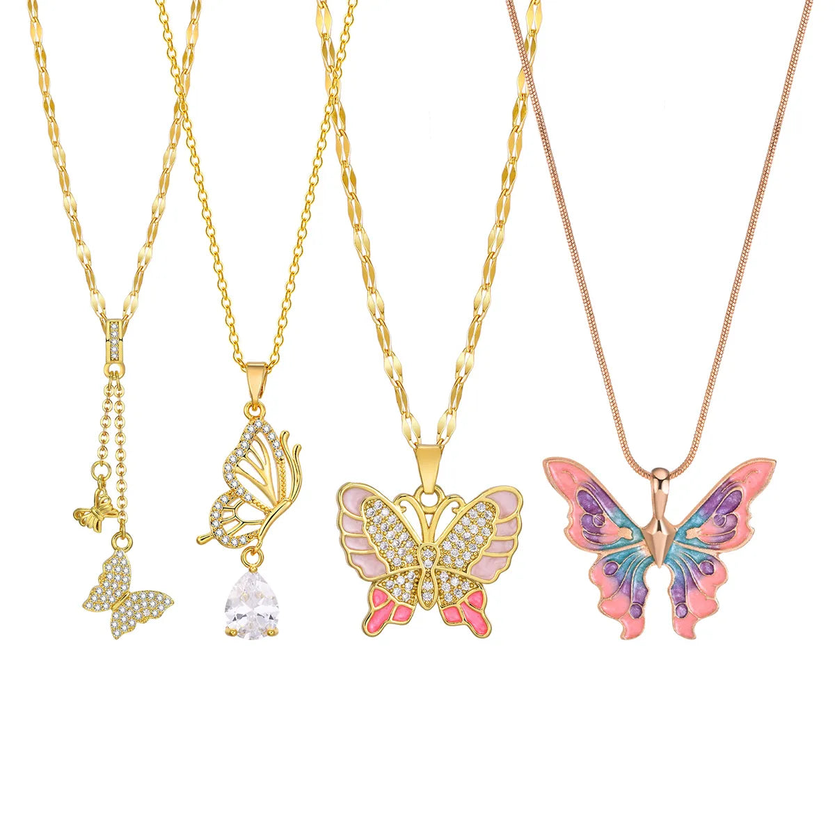 Stainless Steel Copper 18K Gold Plated Pastoral Shiny Butterfly Zircon Pendant Necklace