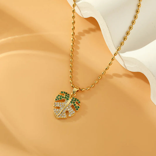 Stainless Steel Copper 18K Gold Plated Simple Style Leaves Plating Inlay Zircon Pendant Necklace