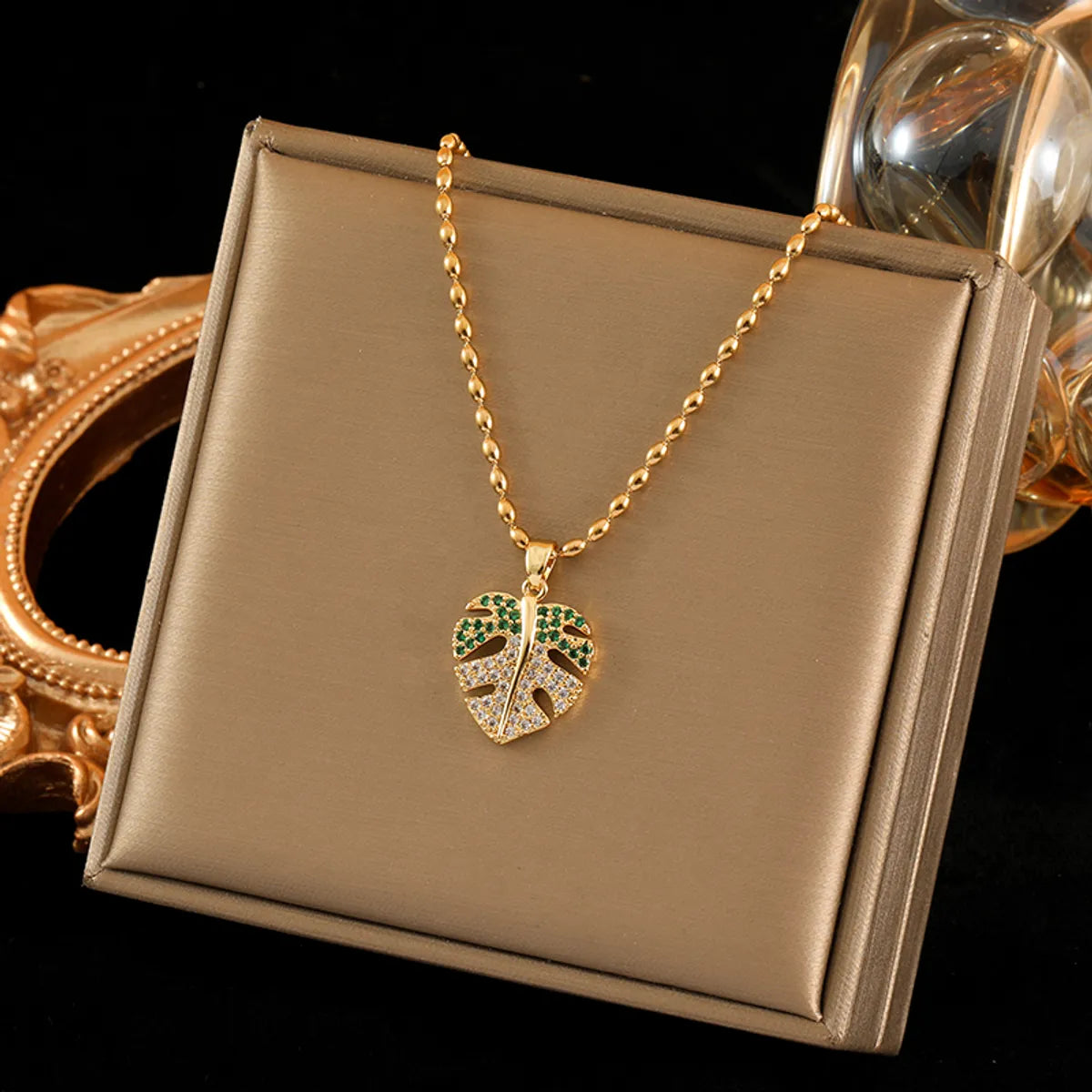 Stainless Steel Copper 18K Gold Plated Simple Style Leaves Plating Inlay Zircon Pendant Necklace