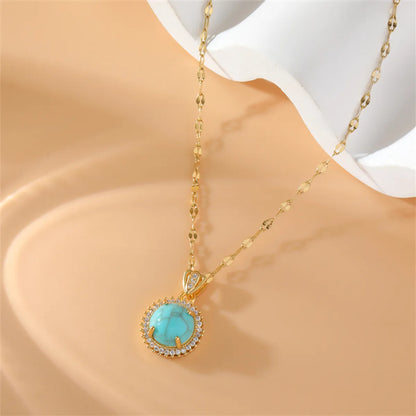 Stainless Steel Copper 18K Gold Plated Simple Style Plating Inlay Water Droplets Turquoise Zircon Pendant Necklace