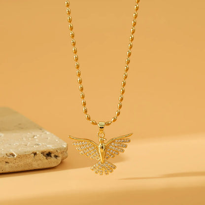 Stainless Steel Copper 18K Gold Plated Sweet Bird Inlay Zircon Pendant Necklace