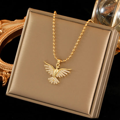 Stainless Steel Copper 18K Gold Plated Sweet Bird Inlay Zircon Pendant Necklace