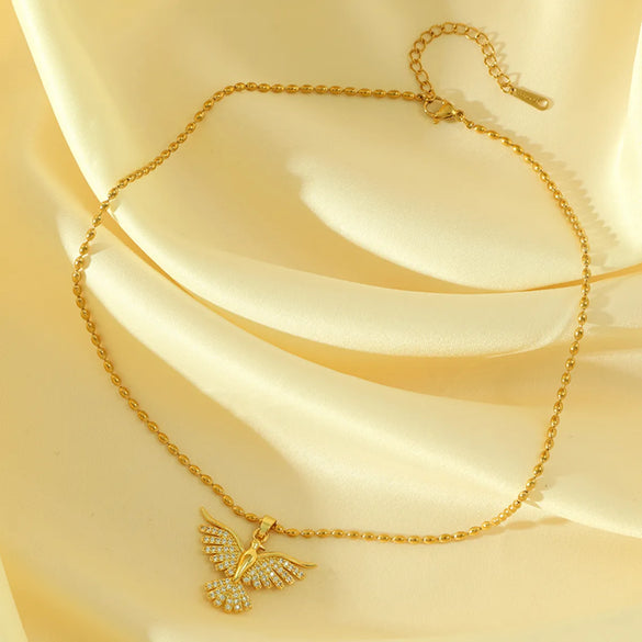 Stainless Steel Copper 18K Gold Plated Sweet Bird Inlay Zircon Pendant Necklace
