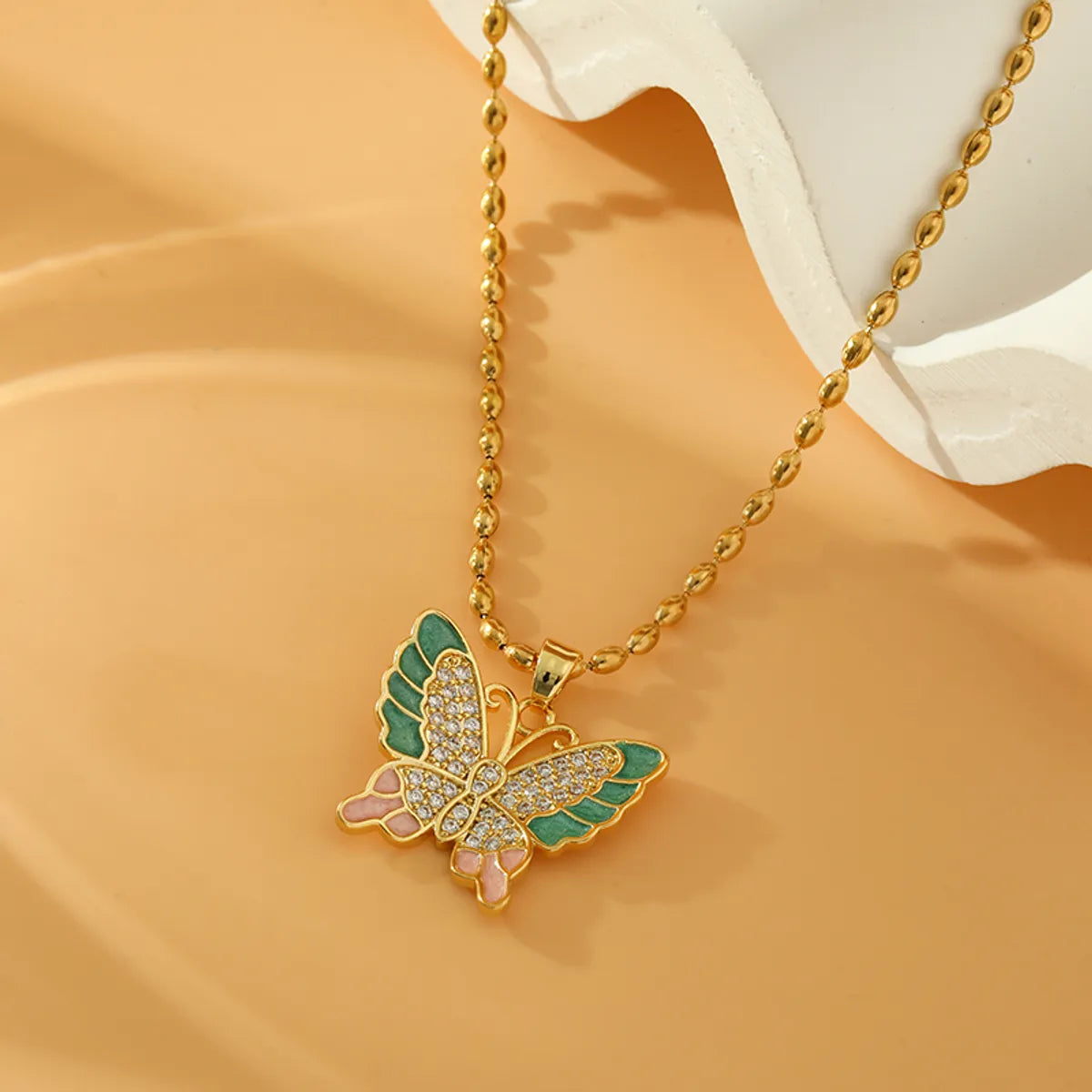 Stainless Steel Copper 18K Gold Plated Sweet Butterfly Inlay Zircon Pendant Necklace