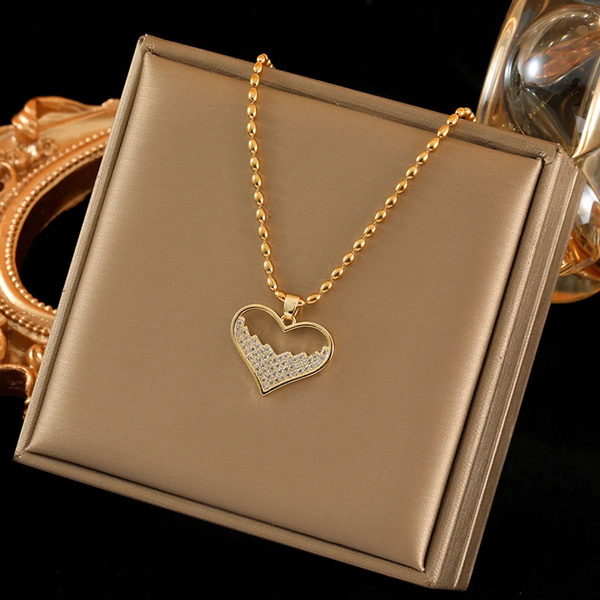 Stainless Steel Copper 18K Gold Plated Sweet Heart Shape Inlay Zircon Pendant Necklace