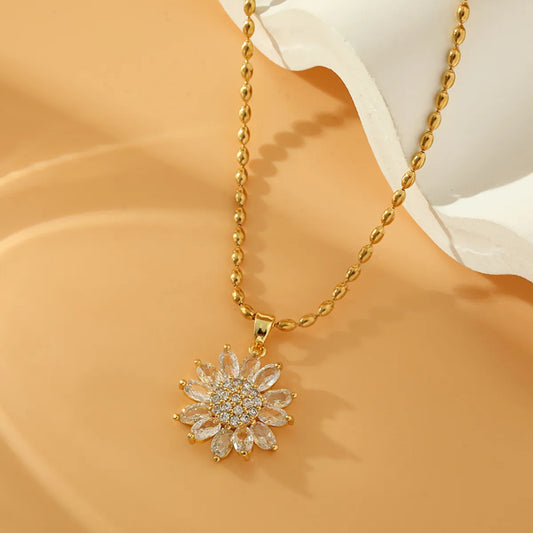 Stainless Steel Copper 18K Gold Plated Sweet Simple Style Flower Inlay Zircon Pendant Necklace