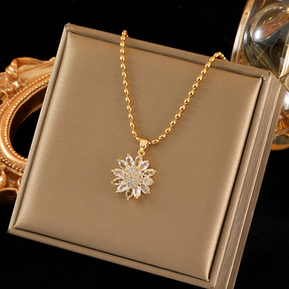 Stainless Steel Copper 18K Gold Plated Sweet Simple Style Flower Inlay Zircon Pendant Necklace