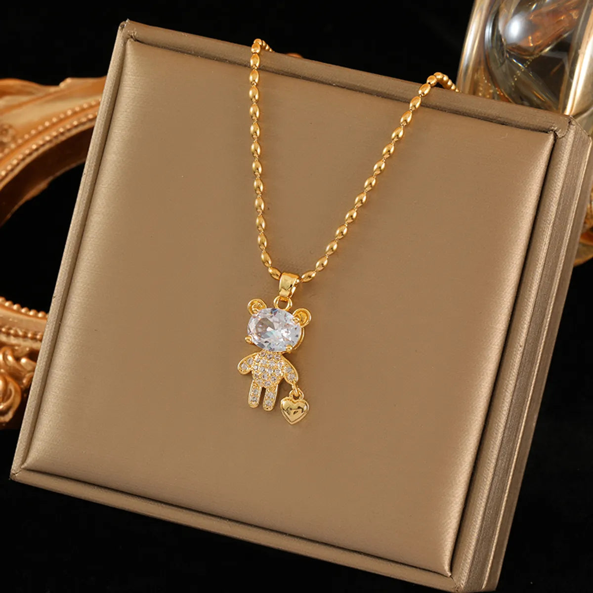 Stainless Steel Copper 18K Gold Plated Sweet Simple Style Little Bear Inlay Zircon Pendant Necklace