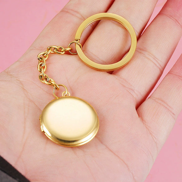 Stainless Steel Couple Round Geometric Gloss Commemorative Photo Keychain Pendant With Electroplating