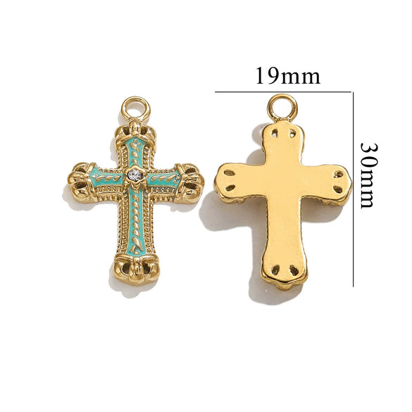Stainless Steel Cross Crystal Embellishment Totem Pattern Handmade Oil Pressure Process Electroplating Necklace Bracelet Hanging Accessories
