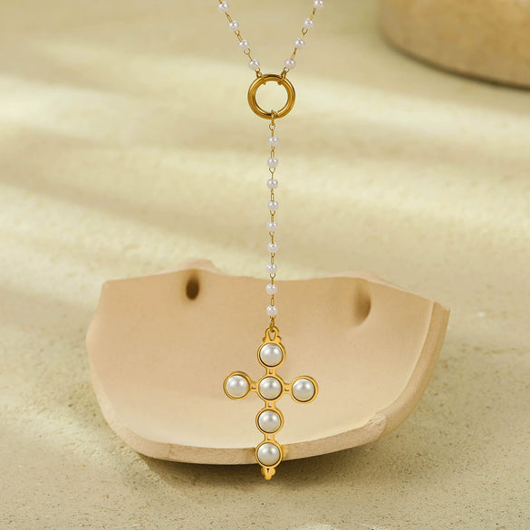 Stainless Steel Cross Pendant With Pearls Electroplated Women's Clavicle Necklace Retro Style