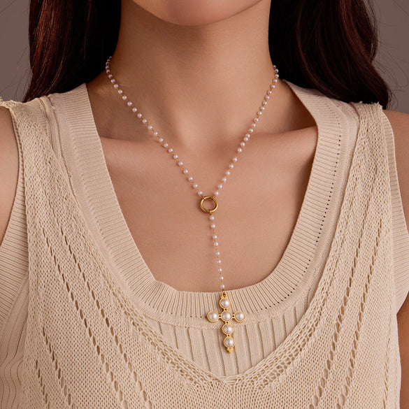 Stainless Steel Cross Pendant With Pearls Electroplated Women's Clavicle Necklace Retro Style