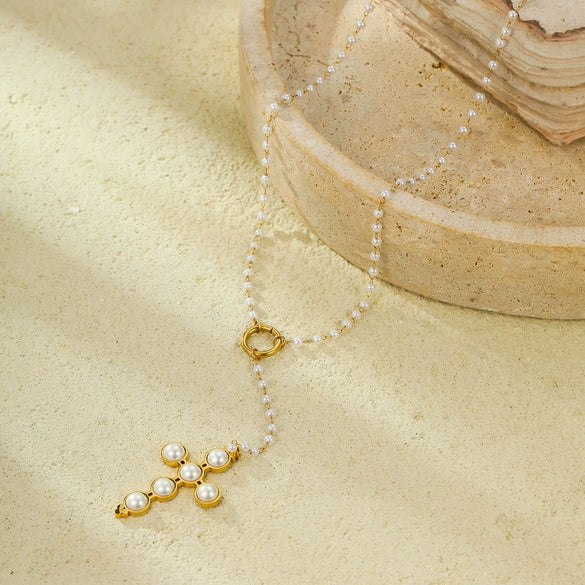 Stainless Steel Cross Pendant With Pearls Electroplated Women's Clavicle Necklace Retro Style