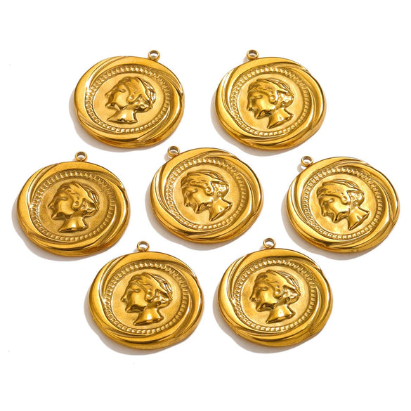 Stainless Steel Crown Coin Round Pendant Jewelry Accessories For Women With Electroplating Treatment Cartoon Character Style