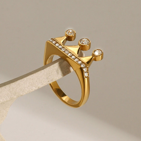 Stainless Steel Crown Rhinestone Ring Geometric Style Electroplated Women's Hand Jewelry
