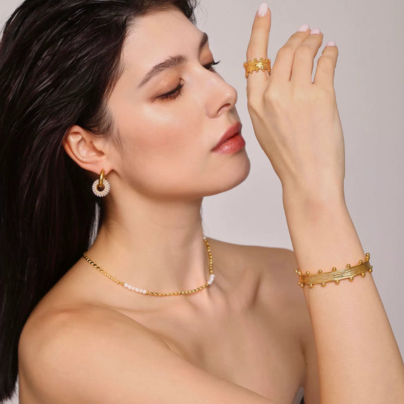 316L Stainless Steel Cshaped Brushed Ball Open Bracelet Fashion Ring Pvd Plated 18K Gold Women's Jewelry