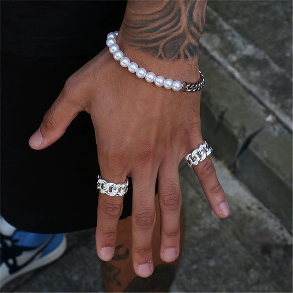 Stainless Steel Cuban Chain Pearl Bracelet Geometric Style Unisex
