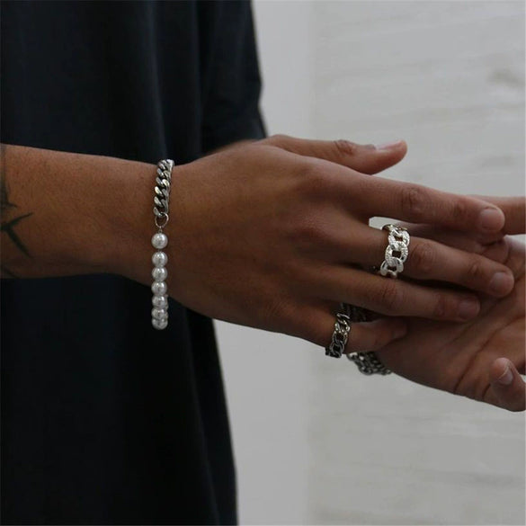 Stainless Steel Cuban Chain Pearl Bracelet Geometric Style Unisex