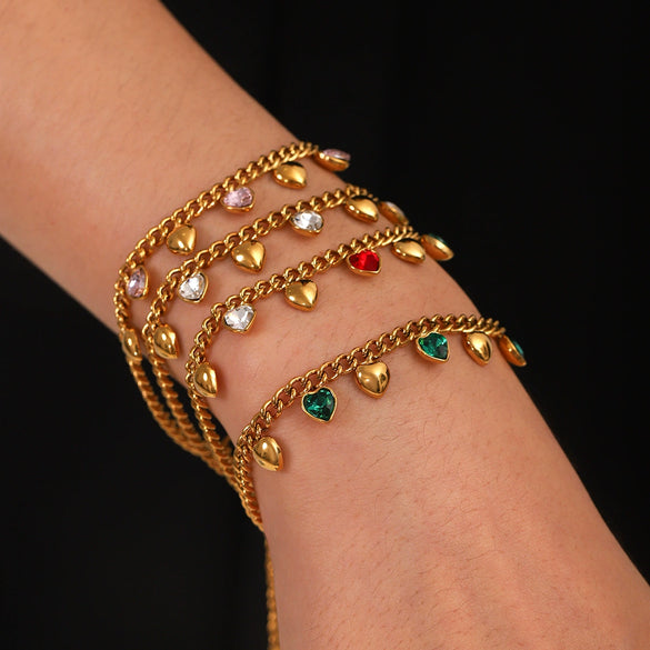 Stainless Steel Cuban Chain Tassel Love Zircon Inlaid Women's Fashion Bracelet